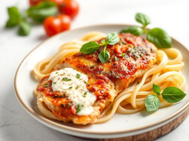 Kipfilet met pizzaiola, kruidenricotta en pasta — AI-gegenereerde illustratie