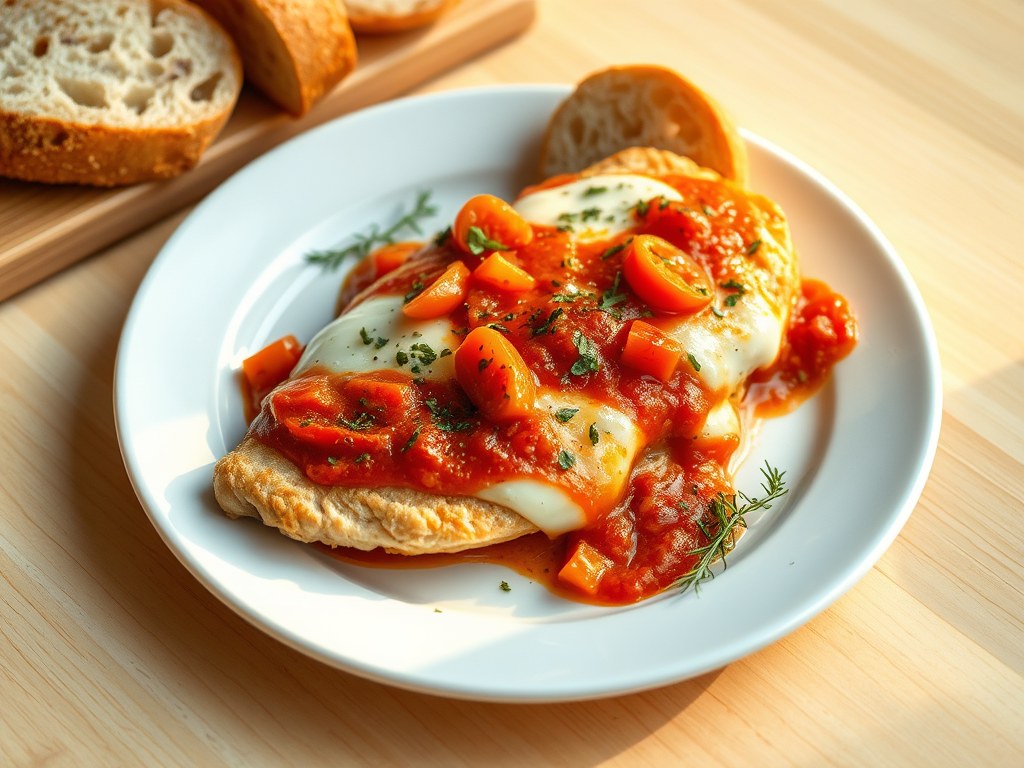 Kipfilet met tomatensaus en mozarella, AI-gegenereerde illustratie