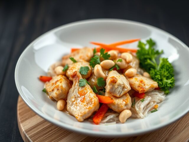 Kipfiletreepjes met roergebakken groenten en cashewnoten
