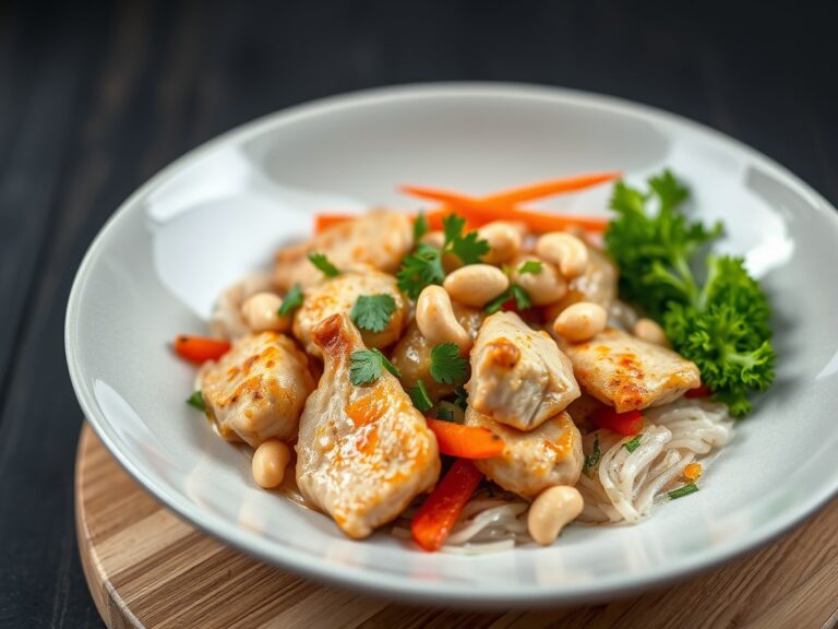 Kipfiletreepjes met roergebakken groenten en cashewnoten