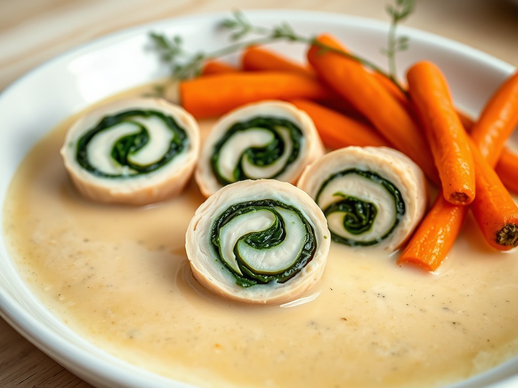 Kipfiletrolletjes in Noilly Pratsaus, AI-gegenereerde illustratie