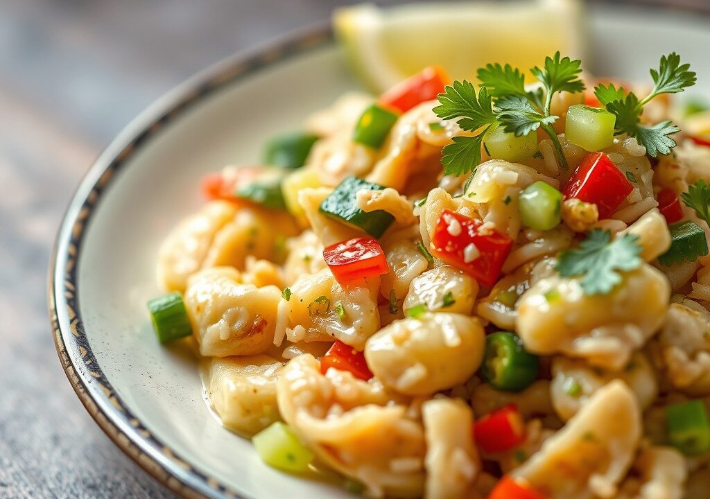 Kippendijen uit Kokos met Komkommer Salade, AI-gegenereerde illustratie