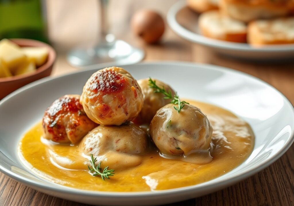 Kippengehaktballen met mosterdsaus, AI-gegenereerde illustratie