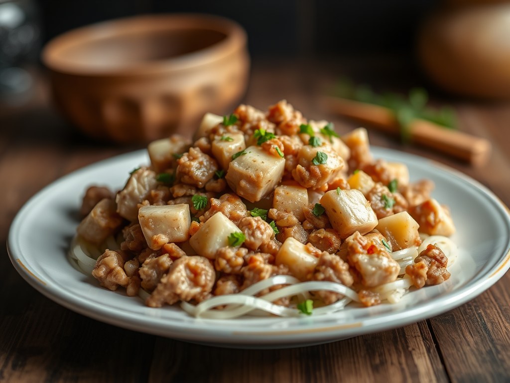 Kippenragout met gedroogde pruimen, AI-gegenereerde illustratie