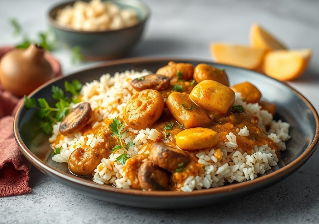 Kippenragout met rijst, AI-gegenereerde illustratie
