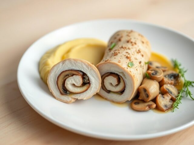 Kippenrol met champignons en mosterdpuree