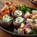 Kippenvleugeltjes met gevulde champignons en gekookte aardappelen