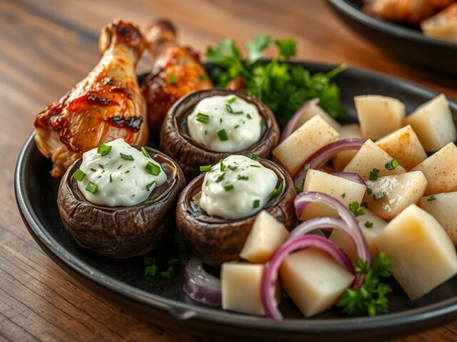 Kippenvleugeltjes met gevulde champignons en gekookte aardappelen