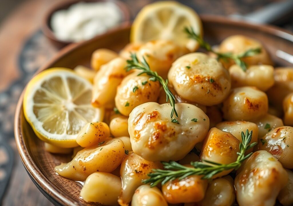 Kippevleugeltjes met aardappelen en citroenen, AI-gegenereerde illustratie