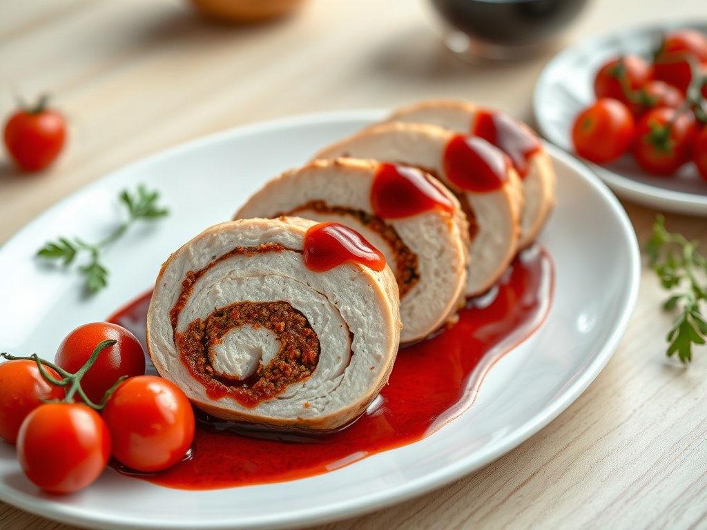 Kiproulade met rode pesto, AI-gegenereerde illustratie