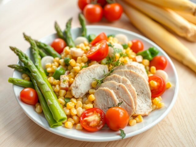 Kipsalade met asperges en maïs