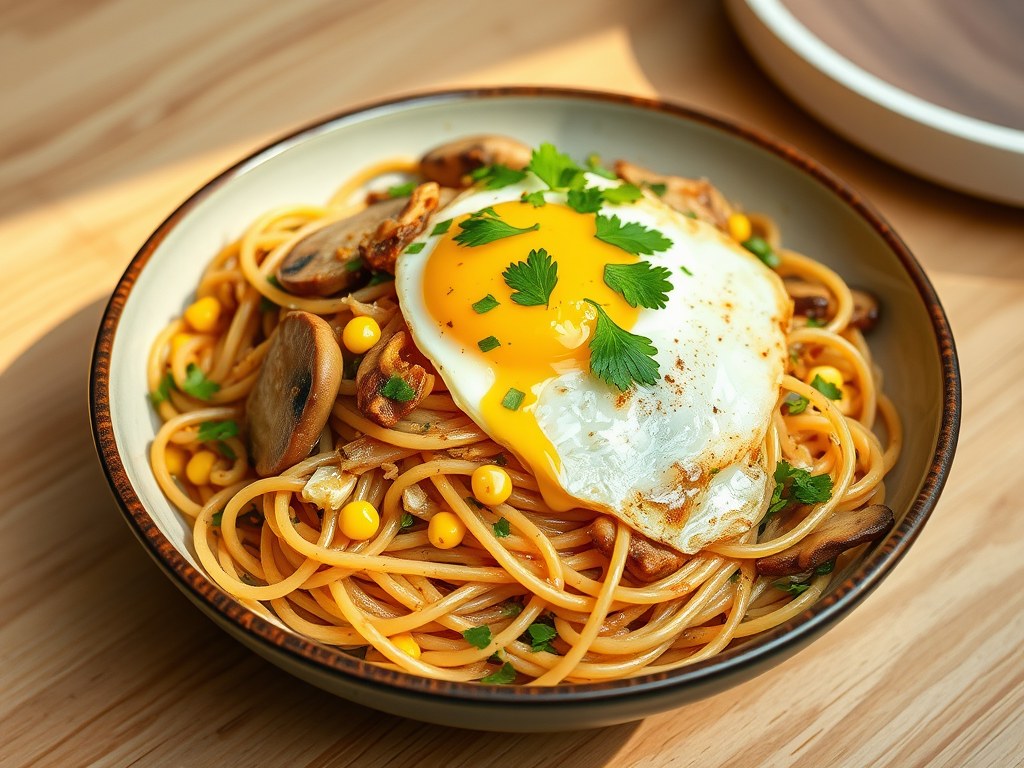 Kipsate-spaghetti met prei en ei, AI-gegenereerde illustratie