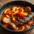 Kipsaucijsjes in pikante uiensaus