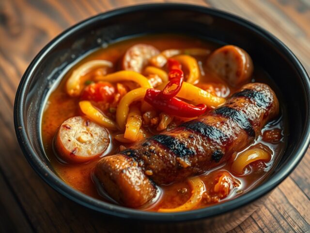 Kipsaucijsjes in pikante uiensaus