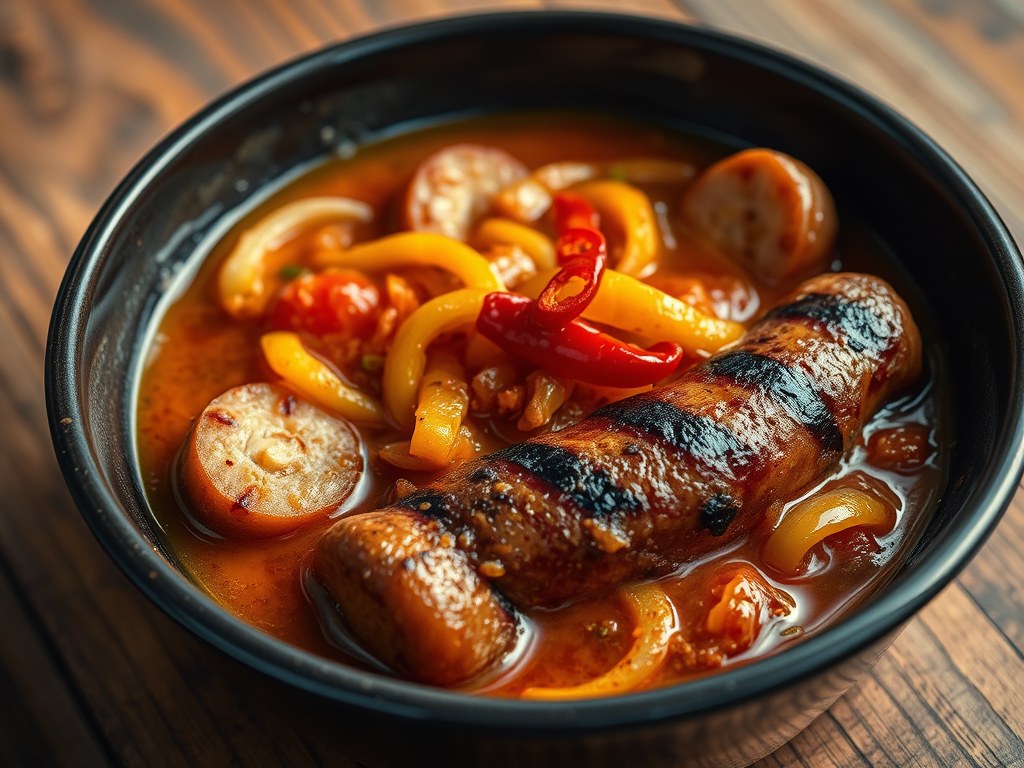 Kipsaucijsjes in pikante uiensaus, AI-gegenereerde illustratie