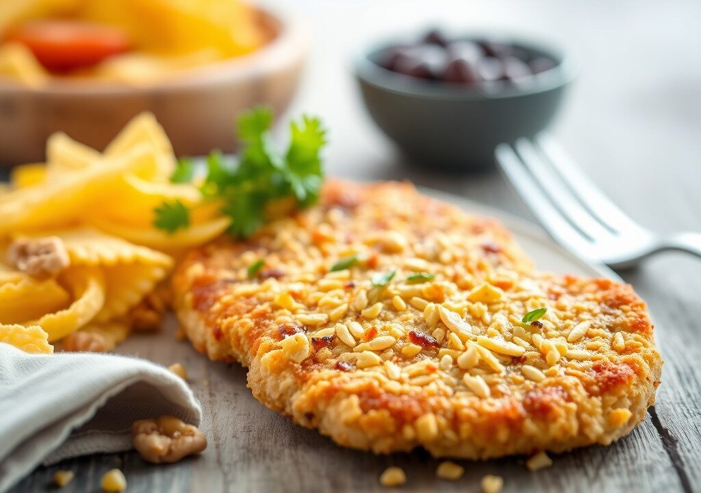 Kipschnitzel gepaneerd met cornflakes, AI-gegenereerde illustratie