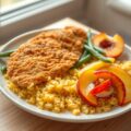 Kipschnitzel met perzik en kerrierijst