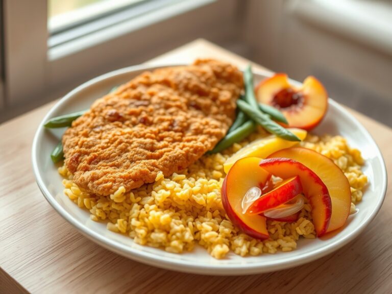 Kipschnitzel met perzik en kerrierijst