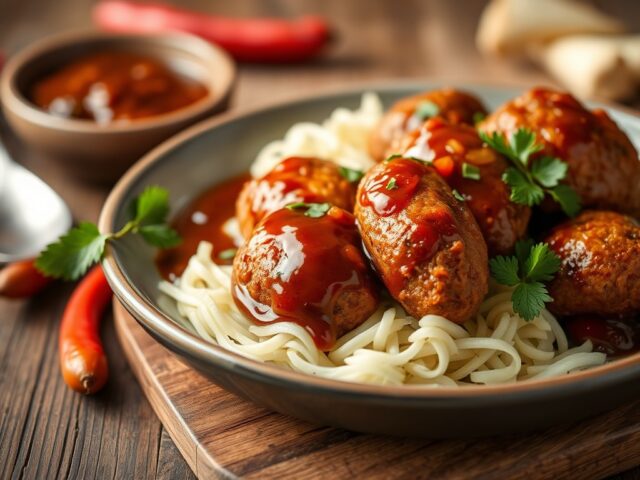Kipspiesjes met chilisaus — AI-gegenereerde illustratie