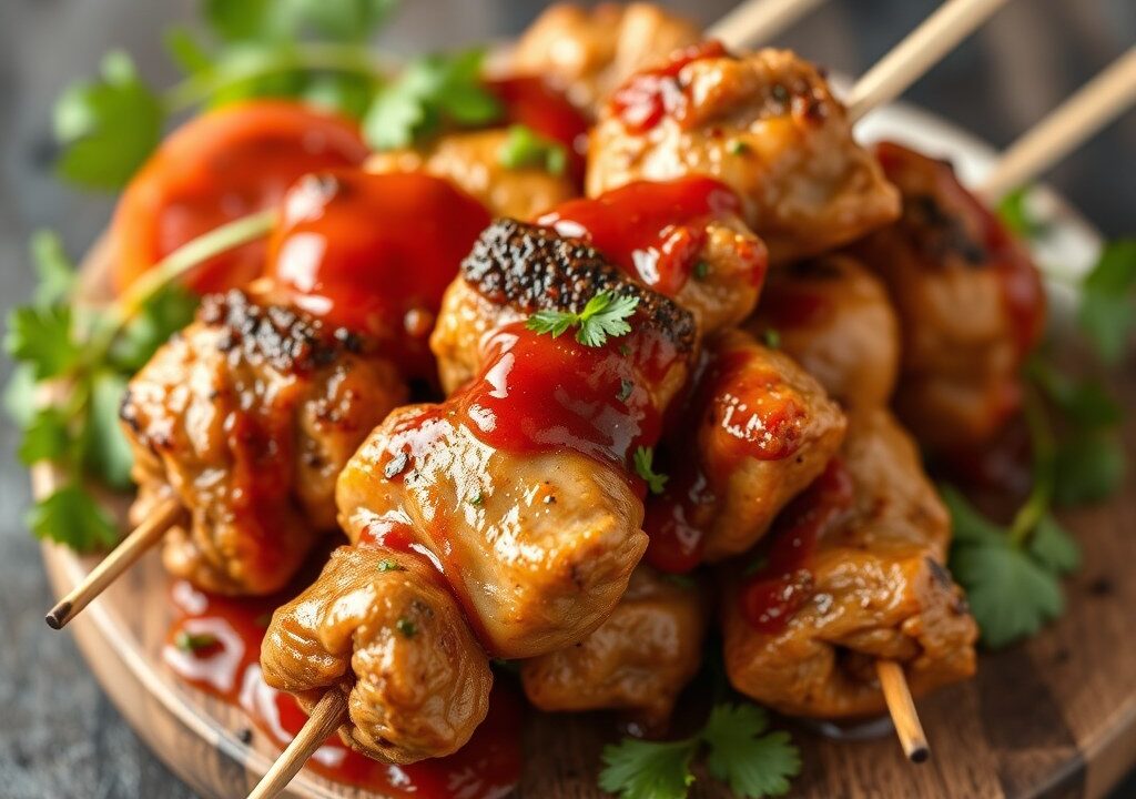 Kipspiesjes met chilisaus, AI-gegenereerde illustratie