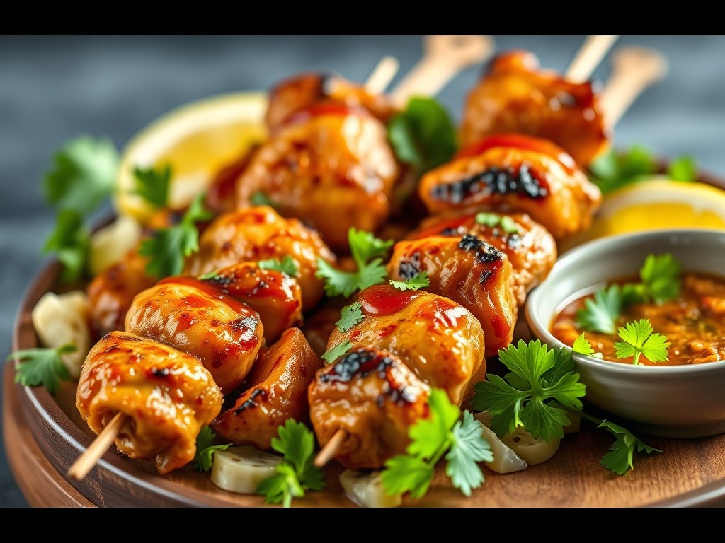 Kipspiesjes met perziksalsa, AI-gegenereerde illustratie