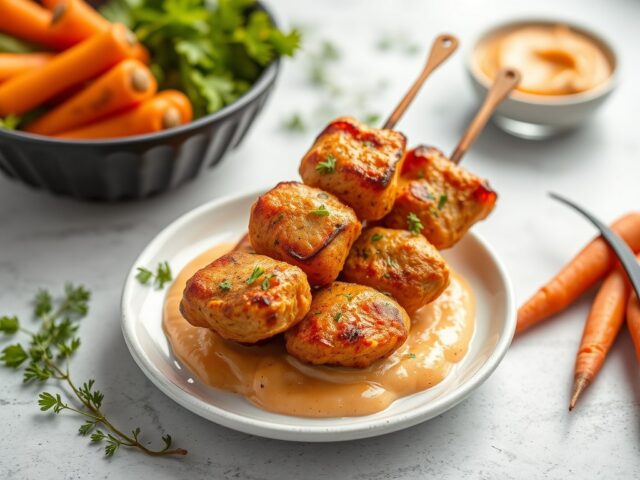 Kipspiesjes met wortelcrème