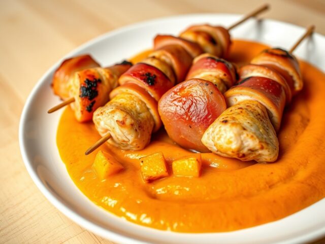 Kipspiesjes met wortelcrème
