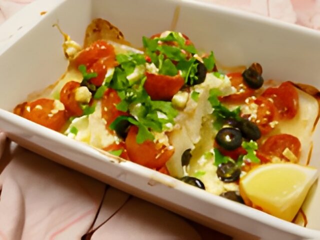 Kabeljauw uit de oven met cherrytomaatjes, feta en olijfringetjes