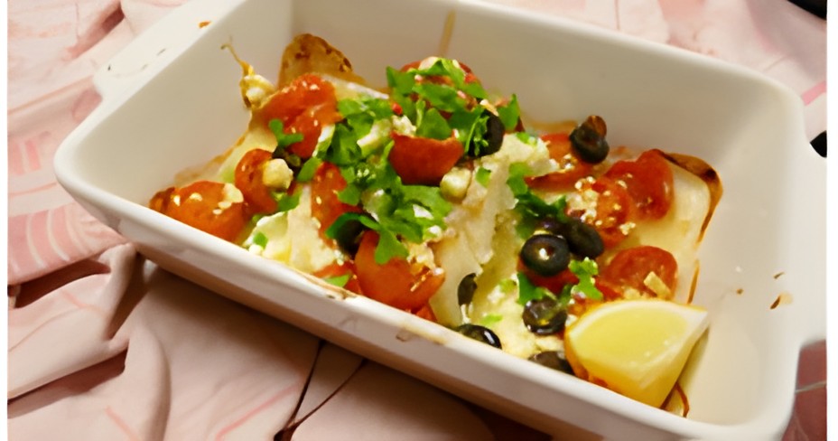 Kabeljauw uit de oven met cherrytomaatjes, feta en olijfringetjes