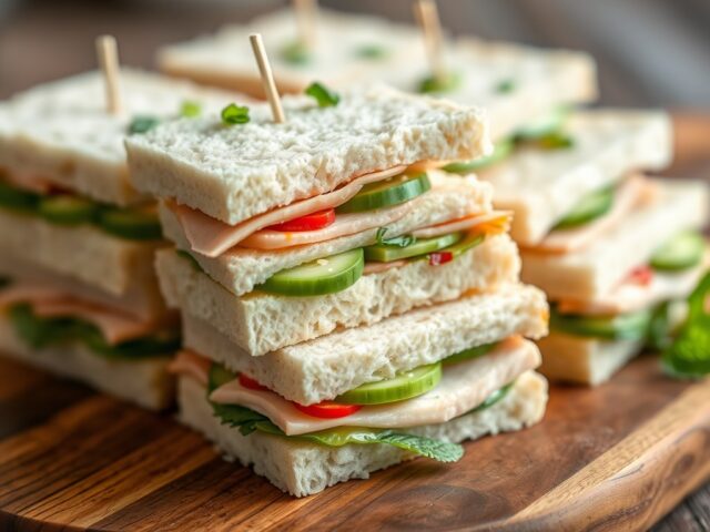 Kleine ‘clubsandwiches’ met avocadoroom en gerookte kip