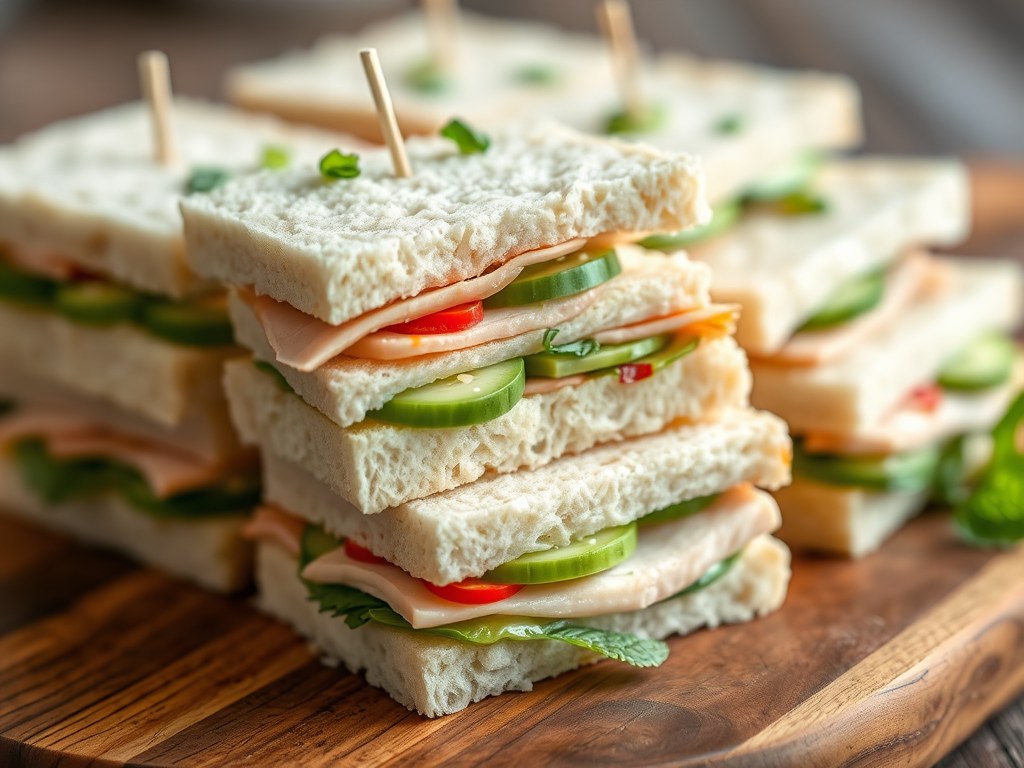 Kleine ‘clubsandwiches’ met avocadoroom en gerookte kip, AI-gegenereerde illustratie