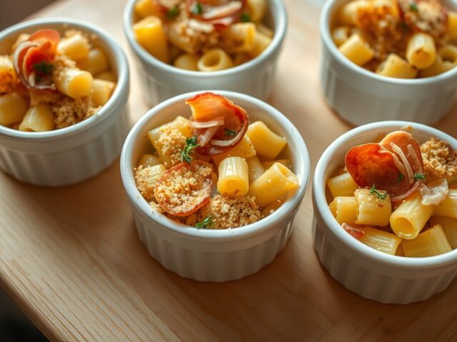 Kleine pastaschotels met taleggio en parmaham