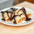Kleine tortilla’s met peren en chocoladesaus