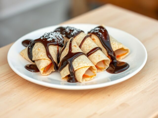 Kleine tortilla’s met peren en chocoladesaus