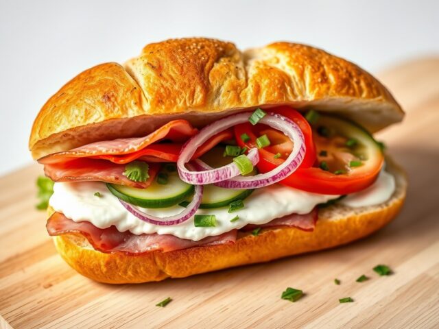 Knapperig broodje pastrami met kruidenricotta