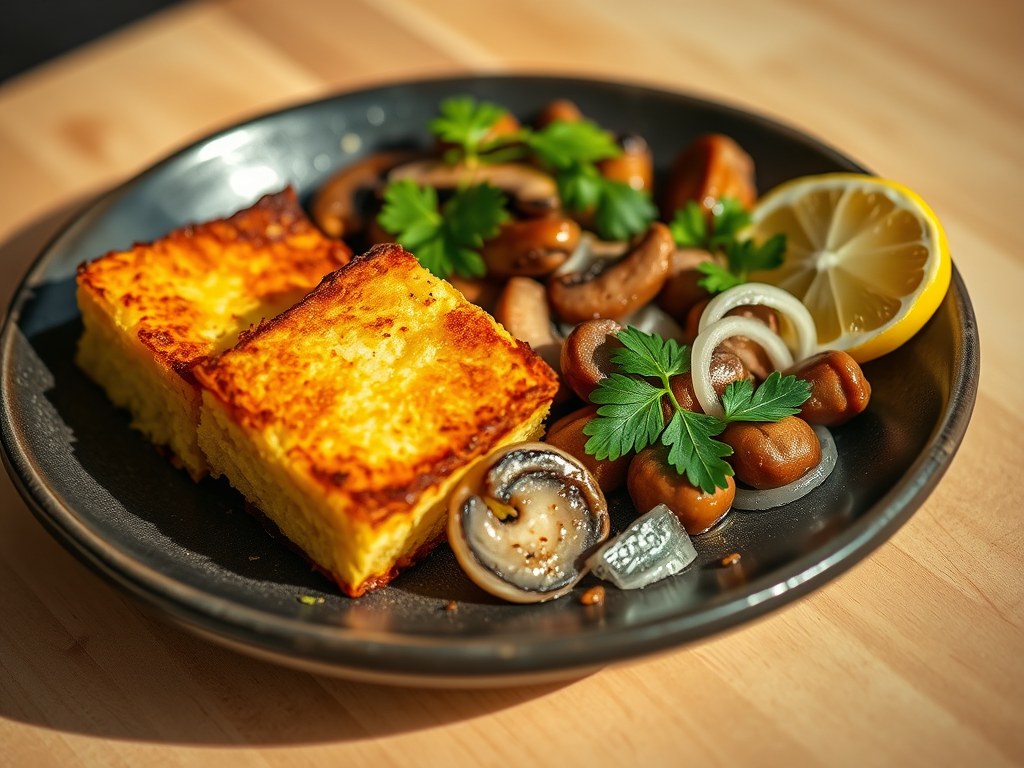 Knapperige polenta met gebakken champignons, AI-gegenereerde illustratie