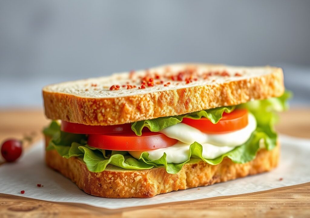 Knapperige sandwich, AI-gegenereerde illustratie