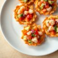 Knapperige taartjes met salsa van garnalen