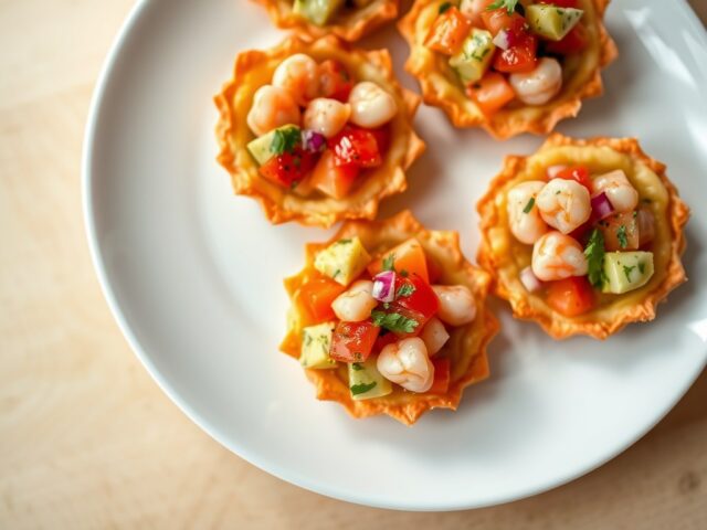 Knapperige taartjes met salsa van garnalen