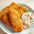 Knapperige vissticks met garnalensaus