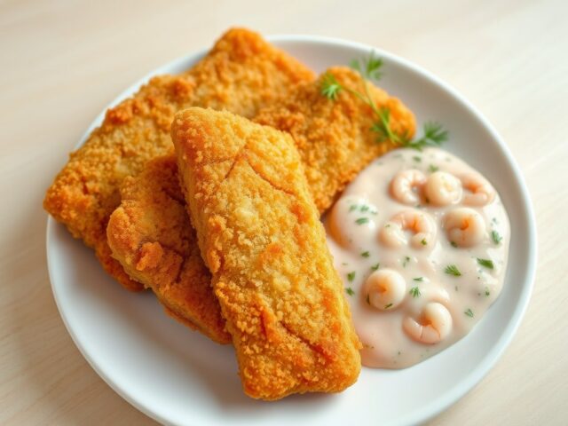 Knapperige vissticks met garnalensaus