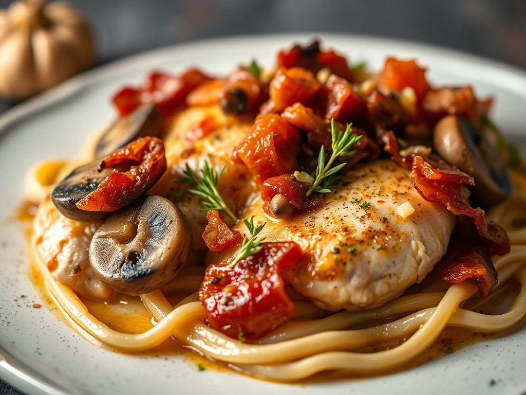 Knoflookkip met champignons en spek, AI-gegenereerde illustratie