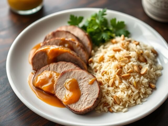 knoflookkruidenrijst , varkenshaas in mangochutney