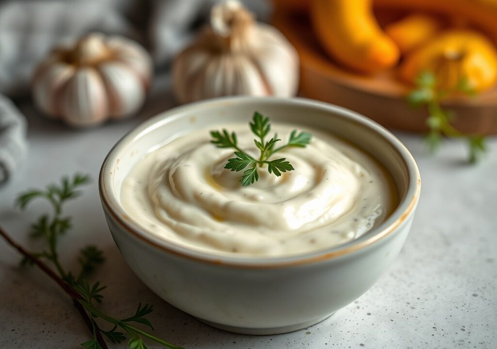 Knoflookmayonaise (Aioli), AI-gegenereerde illustratie