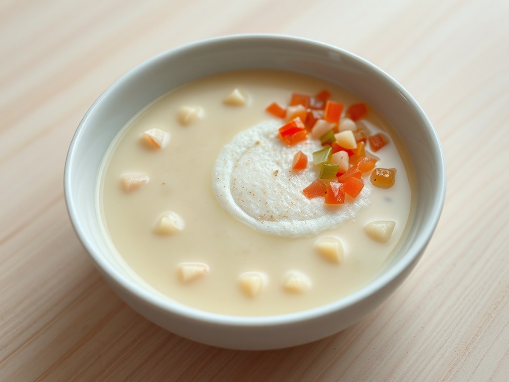 Knoflooksoep met garnalenschuimpjes, AI-gegenereerde illustratie