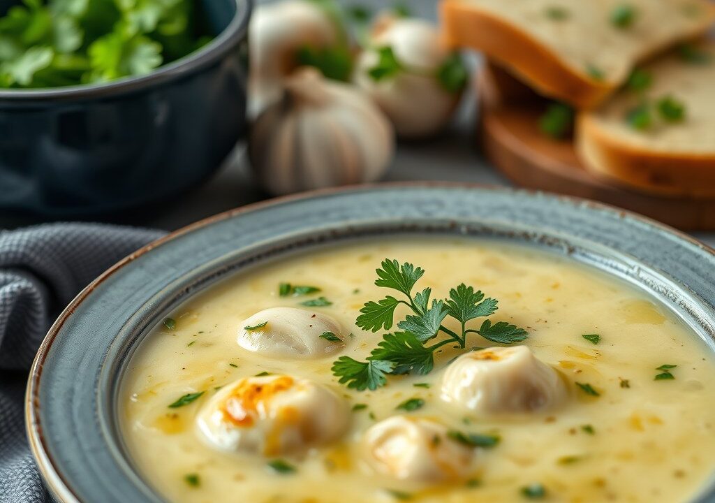 Knoflooksoep met visquenelles, AI-gegenereerde illustratie