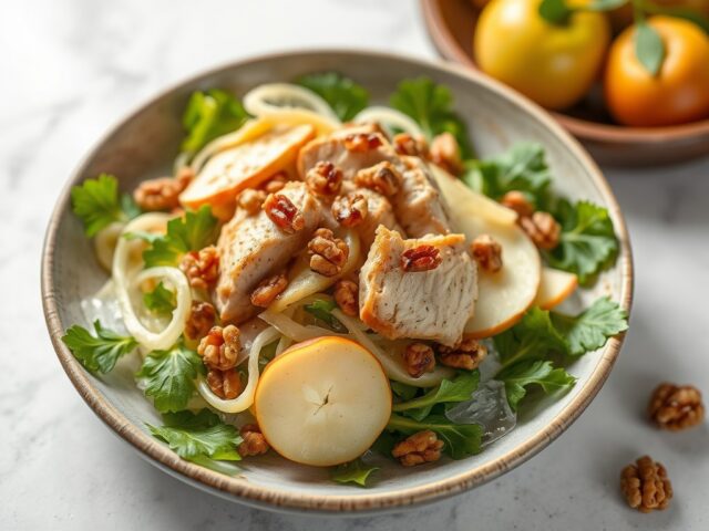 Knolselderijsalade met appel, gerookte kip en waln