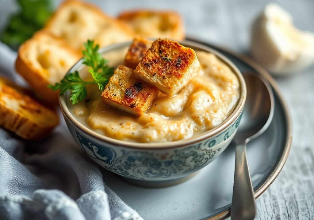 Knolselderijsoep met kaascroutons — AI-gegenereerde illustratie