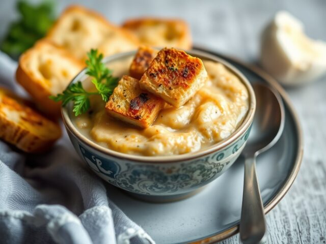 Knolselderijsoep met kaascroutons — AI-gegenereerde illustratie
