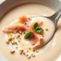 Knolselderijsoep met reepjes gerookte forel